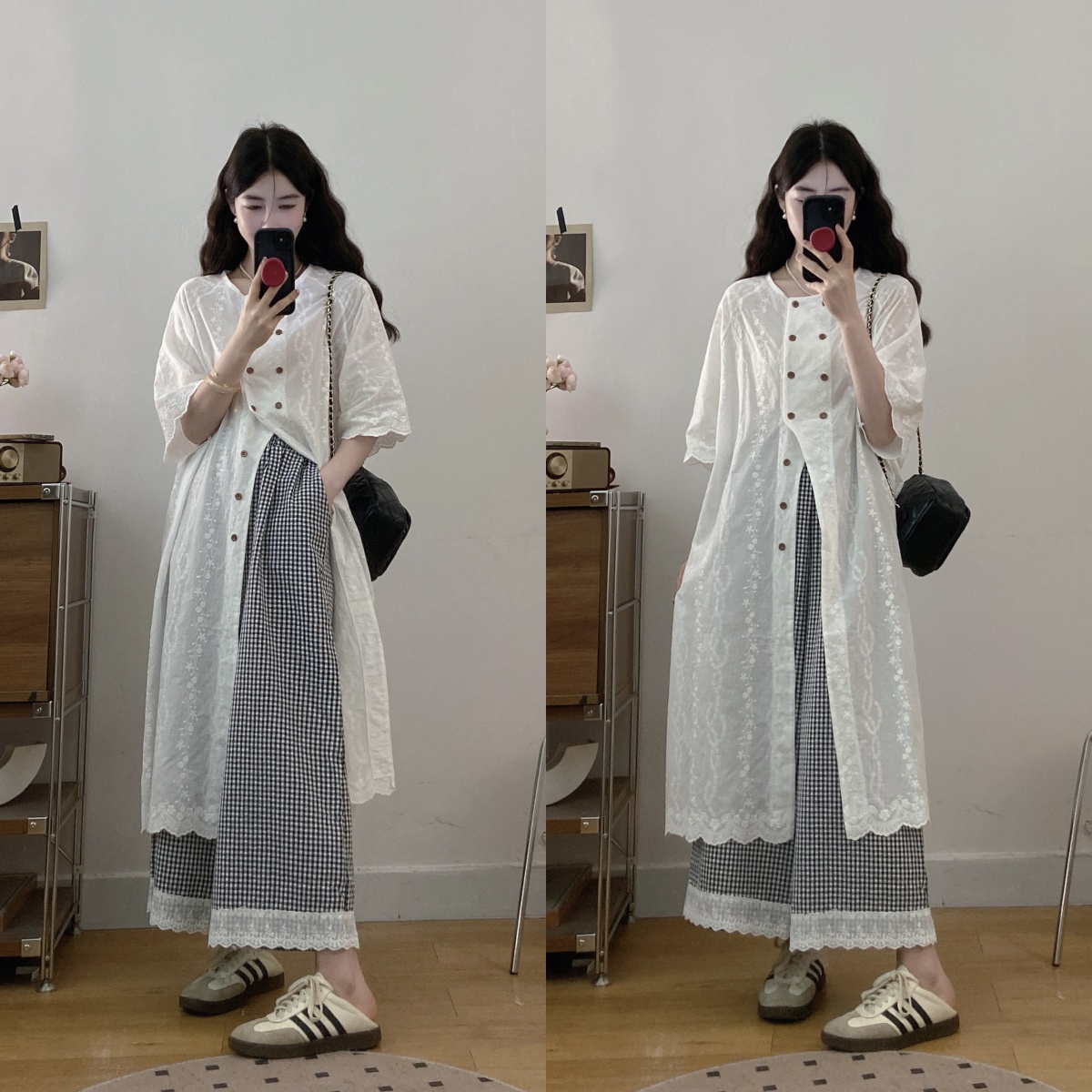 실사 빅 사이즈 자카드 셔츠 드레스 체크무늬 와이드 레그 팬츠 세트 여성 여름 새로운 투피스 세트 슈퍼 잘 생긴