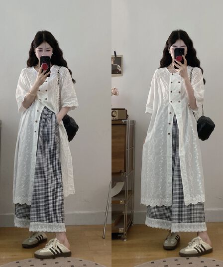 실사 빅 사이즈 자카드 셔츠 드레스 체크무늬 와이드 레그 팬츠 세트 여성 여름 새로운 투피스 세트 슈퍼 잘 생긴