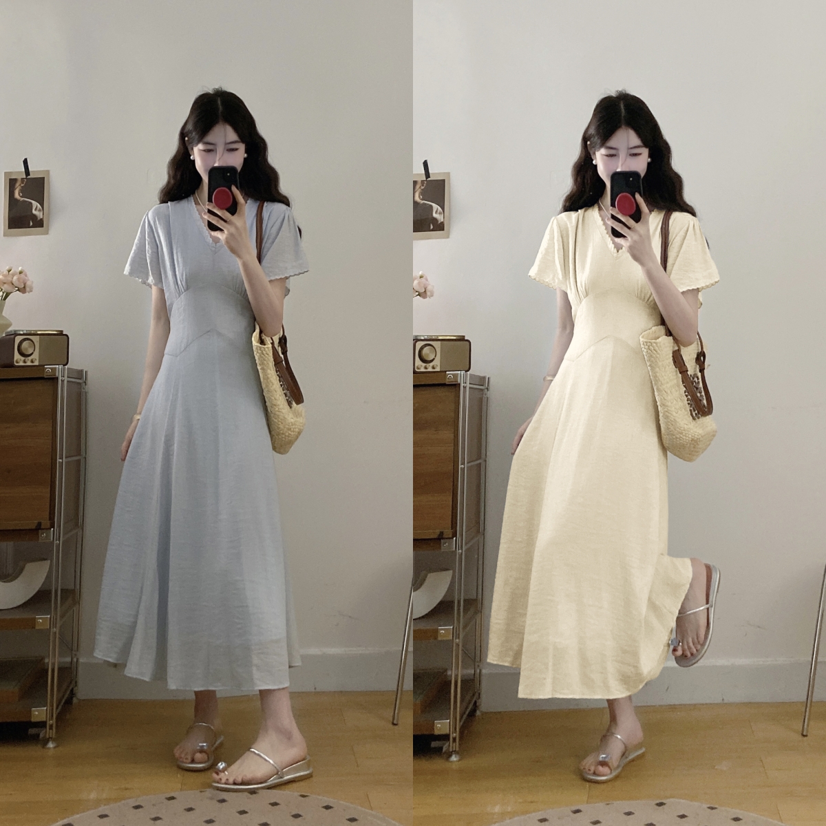 FA34460# 大码法式茶歇时尚V领连衣裙女新款绑带收腰显瘦长款裙子 服裝批發女裝批發服飾貨源
