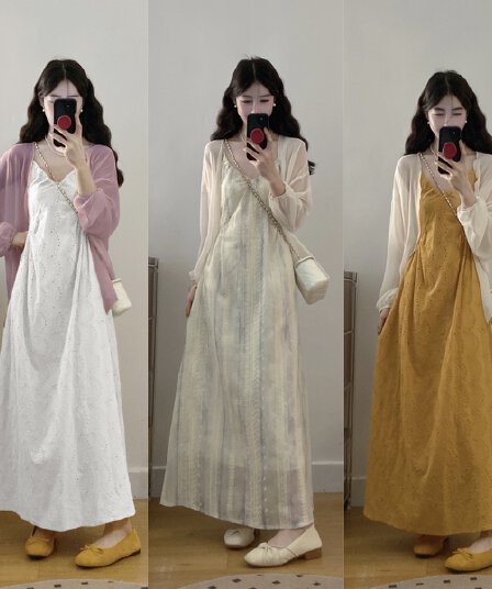 실사 빅 사이즈 프랑스식 자수 홀로우 아웃 슬립 여성 드레스 여름 새로운 디자인 센스 품격 V넥 길다 치마