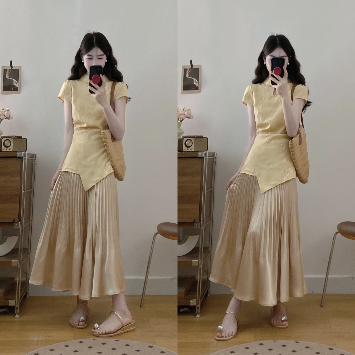 FA34458# 大码国风新中式女装套装夏季显瘦改良旗袍上衣缎面百褶半身裙 服裝批發女裝批發服飾貨源