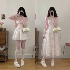 批发实拍花漾甜茶  早春度假风仙女感刺绣碎花吊带<b class='q'>连衣裙</b>汉服