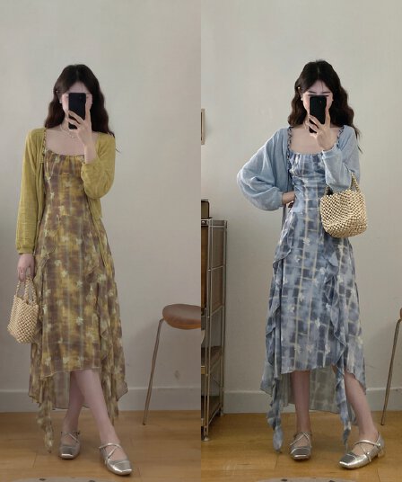 실사 새로운 레트로 유화 센스 미니멀리즘 휴가 바람 품격 연령 감소 슬림해 보이는 슬립 드레스 오픈 가디건 투피스 세트