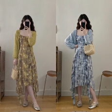 批发<b class='q'>实拍</b>新款复古油画感简约度假风气质减龄显瘦吊带连衣裙开衫两件套