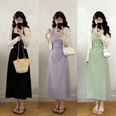 批发实拍胖MM法式气质遮肚显瘦吊带<b class='q'>连衣裙</b>夏季防晒开衫两件套