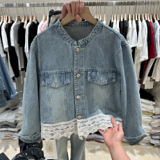 批发今年流行爆款推荐~蕾丝花边拼接做旧水洗牛仔外套女春季短款上衣
