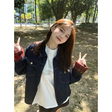 批发ins复古风格纹拼接牛仔长袖外套女嘻哈街头甜酷机车宽松夹克开衫