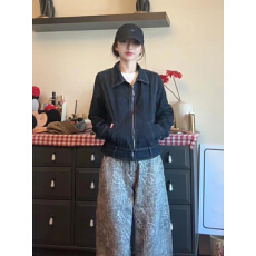 批发短款牛仔外套女春秋2025新款宽松水洗做旧美式复古翻领夹克牛仔衣