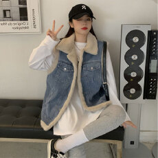 批发羊羔毛<b class='q'>牛仔</b>马甲外套女秋冬季韩版宽松小个子加绒加厚背心马夹坎肩