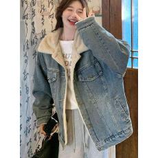 批发加绒加厚牛仔外套女秋冬2025新款设计感宽松网红款羊羔毛上衣夹克