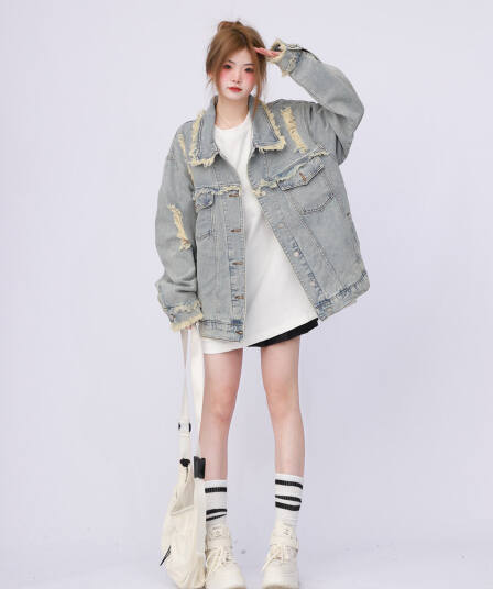 2026 년 새로운 아메리칸 높음 거리 oversize 워크웨어 워싱 마 오래된 찢어진 부분 데님 여성 코트 봄 가을 재킷
