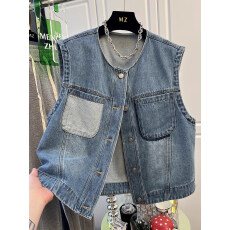 批发韩国chic复古高级感休闲外搭圆领牛仔马甲女<b class='q'>夏</b>季叠穿无袖背心外套