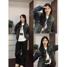 批发美式复古高街水洗蓝牛仔外套女秋季新款做旧宽松<b class='q'>百搭</b>工装夹克上衣