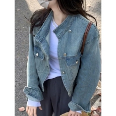 批发蓝色立领<b class='q'>牛仔</b>外套女春秋2026新款小个子美式复古宽松<b class='q'>夹克</b>开衫上衣