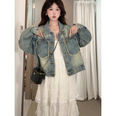 批发小个子韩系巨好看蓝色正肩<b class='q'>牛仔</b>外套女士2026新款百搭通勤<b class='q'>夹克</b>开衫