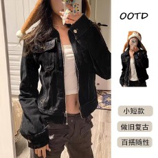 批发美式修身正肩牛仔外套女小个子春<b class='q'>秋</b>款黑色复古风拉链短款夹克上衣