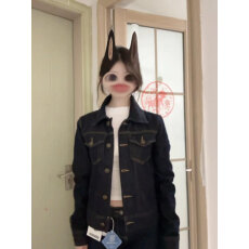 批发美式复古蓝色翻领短款牛仔外套女廓形设计感春季修身工装夹克上衣