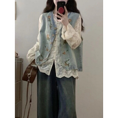 批发春<b class='q'>秋</b>田园风减龄牛仔马甲女刺绣甜美休闲显瘦上衣百搭叠穿背心马夹
