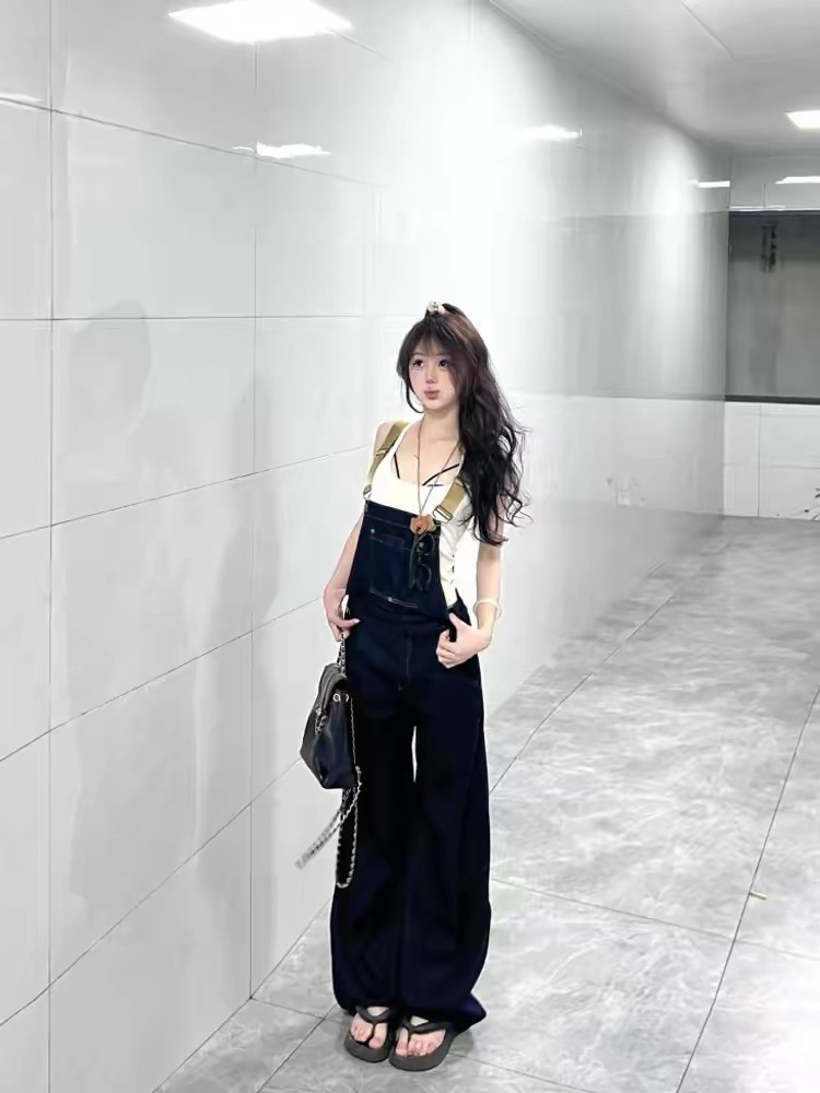 진한 파란색 작은 키 데님 멜빵 바지 여성 봄 한 부서 레트로 연령 감소 느긋한 바람 다용도 스트레이트 캐주얼 긴 바지