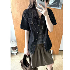 批发高级感蓝色复古牛仔短袖马甲女2026春夏新款美式<b class='q'>百搭</b>短款外套上衣