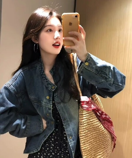 가을 새로운 파란색 쇼트 스타일 데님 여성 코트 작은 키 한 부서 레트로 루즈핏 스탠드 칼라 재킷 카우보이 의류 트렌디