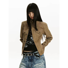 批发Apocket美式<b class='q'>街头</b>斜门襟设计感立领牛仔外套女修身短款工装夹克潮