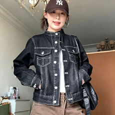 批发复古立领刺绣正肩水洗<b class='q'>牛仔</b>外套女春秋季高街小众宽松短款上衣夹克