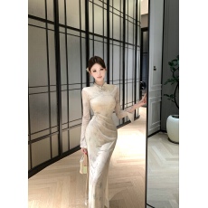 批发实拍新款新中式印花<b class='q'>钉珠</b>修身显瘦绝美长袖<b class='q'>连衣裙</b>