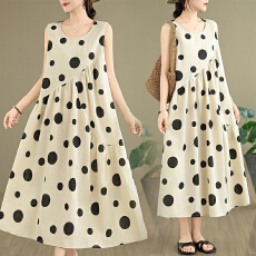 批发实拍2026新款文艺棉麻圆点印花圆领无袖长款连衣裙<b class='q'>大码</b>裙子女
