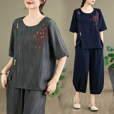 批发实拍2026<b class='q'>夏</b>季新款文艺休闲套装短袖绣花T恤松紧腰阔腿裤两件套
