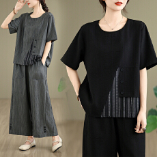 批发实拍2026<b class='q'>夏</b>新款文艺休闲套装短袖条纹拼接T恤松紧腰阔腿裤两件套