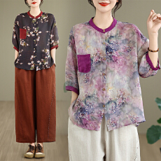 批发实拍2026夏新宽松印花拼接衬衫上衣松紧腰重工裤子两件套女装