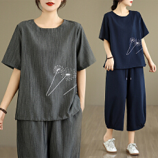 批发实拍新款文艺棉麻休闲套装短袖绣花T恤松紧腰阔腿裤两件套女装