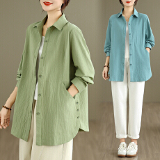 批发实拍早秋新文艺棉麻宽松长袖纯色衬衫中长款开衫衬衣上衣女装