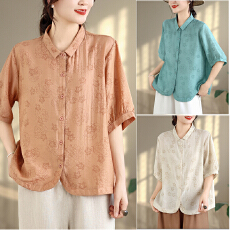 批发洋气短袖雪纺衬衫女装夏季小衫宽松休闲高端别致遮肚上衣