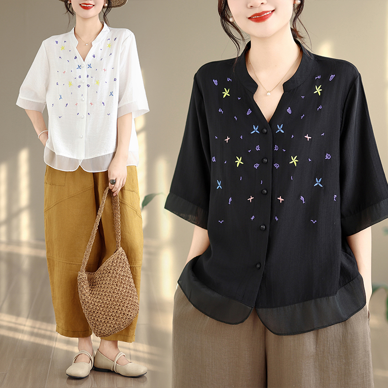RY74562# 2026小清新碎花棉麻刺绣白色衬衫女夏季大码减龄洋气百搭漂亮上衣