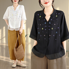 批发2026小清新碎花棉麻刺绣白色衬衫女夏季<b class='q'>大码</b>减龄洋气百搭漂亮上衣