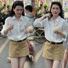 批发老钱风松弛感白色棉麻衬衫+卡其<b class='q'>半身裙</b>裙裤