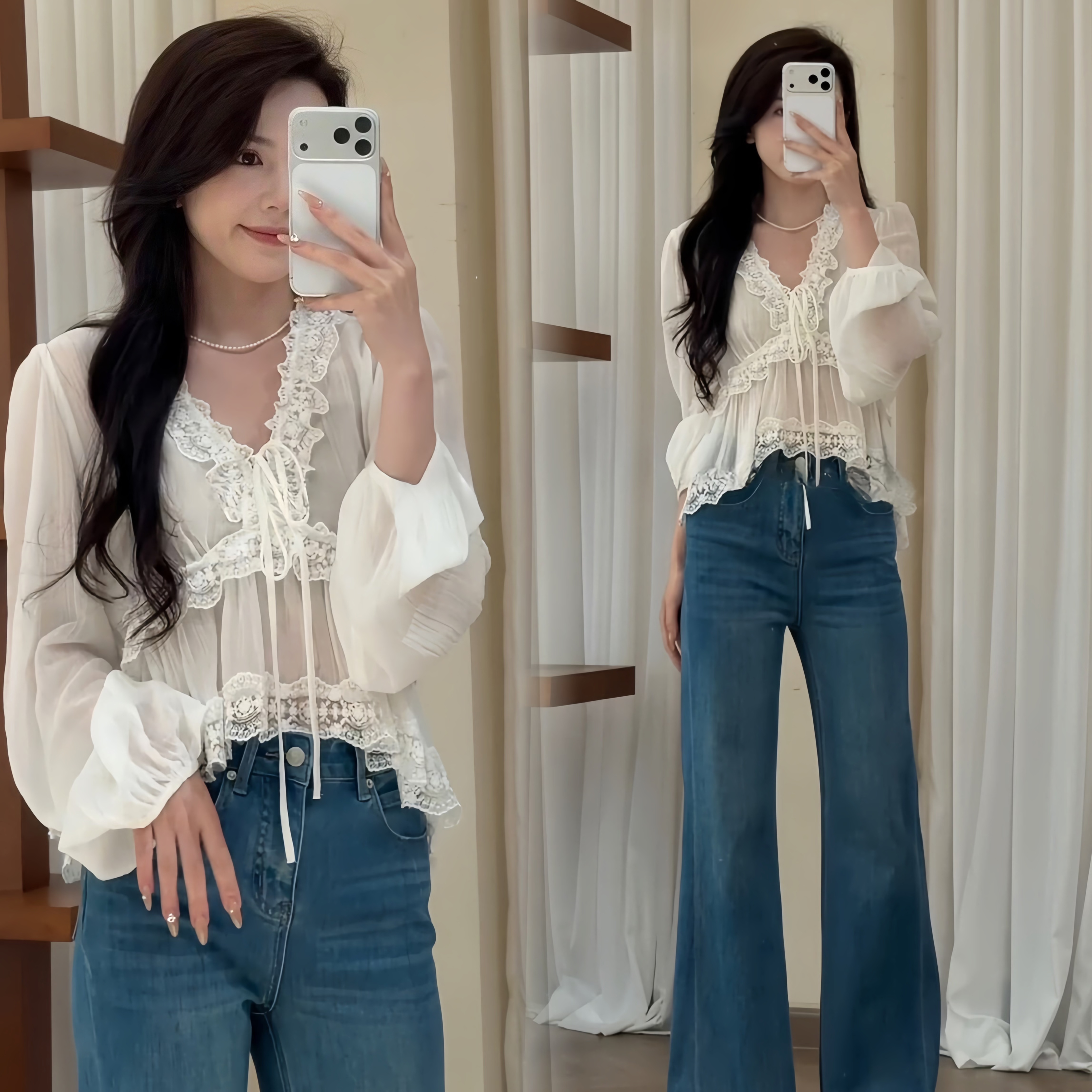 프랑스식 낭만주의 레이스 레이스 불규칙 디자인 센스 레이스업 맨위 작은 셔츠