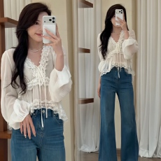 批发法式浪漫蕾丝花边不规则设计感系带上衣小衫