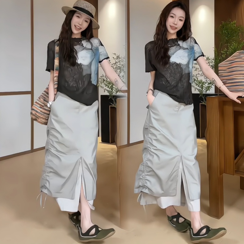봄 여름 주름 얇은 스타일 슬림해 보이는 반팔 티셔츠 맨위 펌프 로프 트임 워크웨어 치마