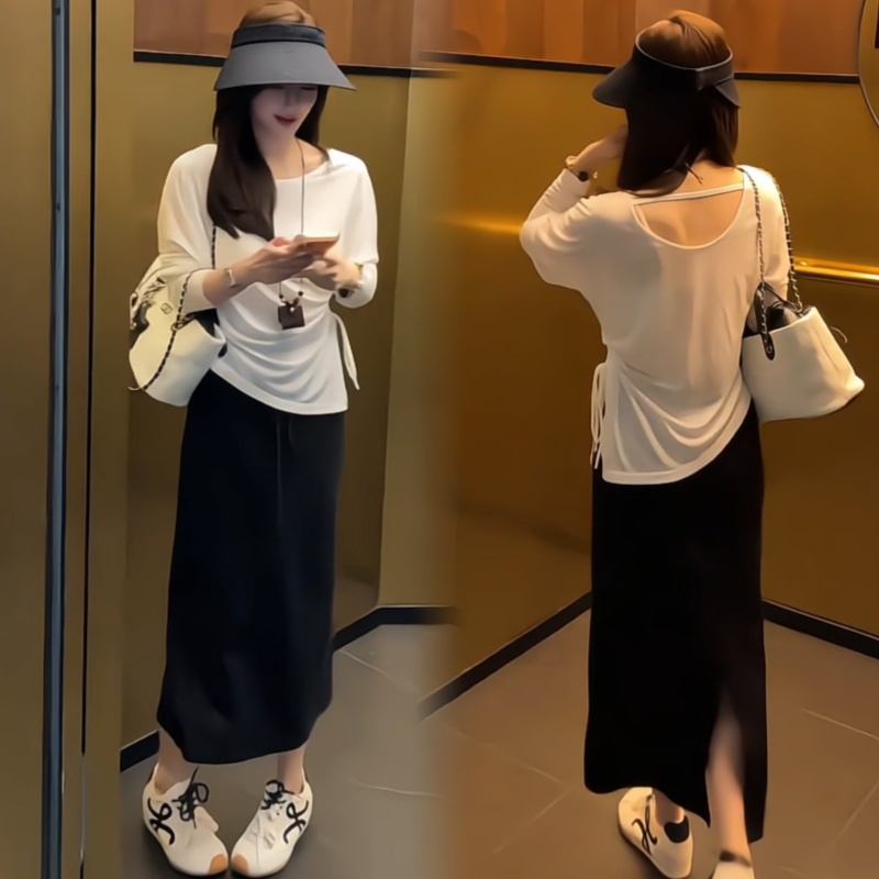 여름 미니멀리즘 단색 다용도 오프숄더 허리 수축 불규칙 긴팔 티셔츠 허리밴드 한 마디 반신 스커트