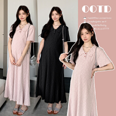 批发实拍现～2026夏季新款显瘦遮肚法式<b class='q'>连衣裙</b>气质翻领肌理感a字长裙