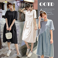 批发实拍现huo～2026时尚圆领<b class='q'>短袖</b><b class='q'>连衣裙</b>宽松舒适简约显瘦拼接<b class='q'>连衣裙</b>