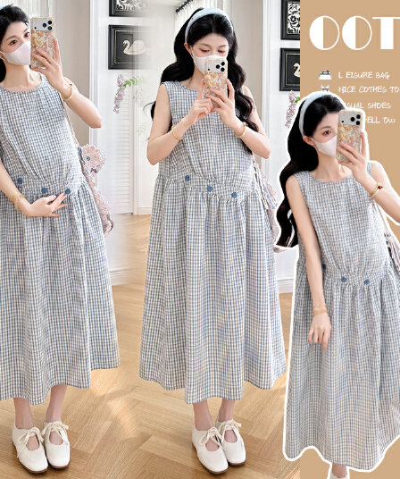 실사 지금 임산부 드레스 2026 여름 새로운 패션 체크무늬 조끼 스커트 프랑스식 레트로 디자인 센스 드레스