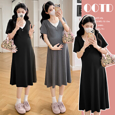 批发实拍现现孕妇装韩系假两件V领短袖连衣裙夏季宽松显瘦<b class='q'>百搭</b>孕妇裙