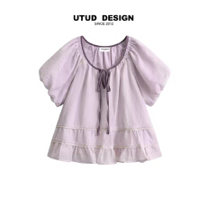 批发新款2026夏季气质紫色蝴蝶结绑带圆领设计<b class='q'>衬衣</b>女夏季花苞袖上衣