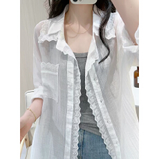 批发白色蕾丝拼接<b class='q'>长袖</b>防晒<b class='q'>衬衫</b>外套女夏季宽松小众中长款微透上衣薄款