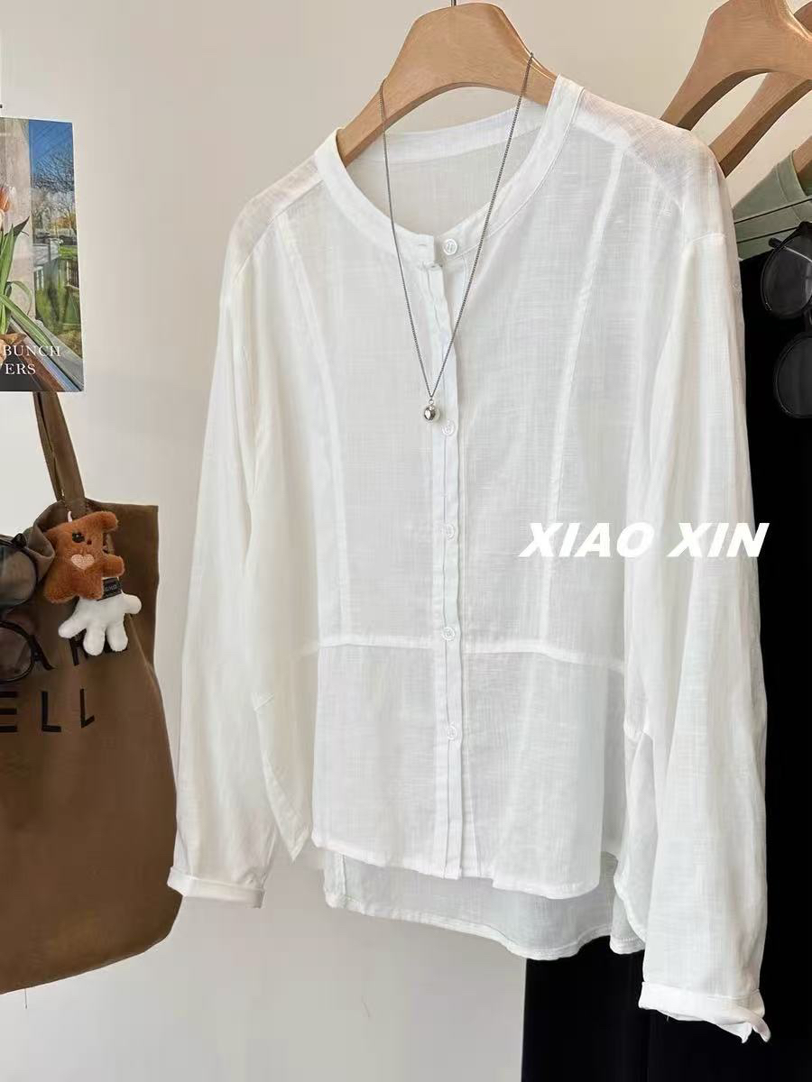 2026 새로운 다용도 긴팔 여름 방위 옷 여성 루즈핏 맨위 라운드 넥 크림 화이트 셔츠 한국 스타일 셔츠