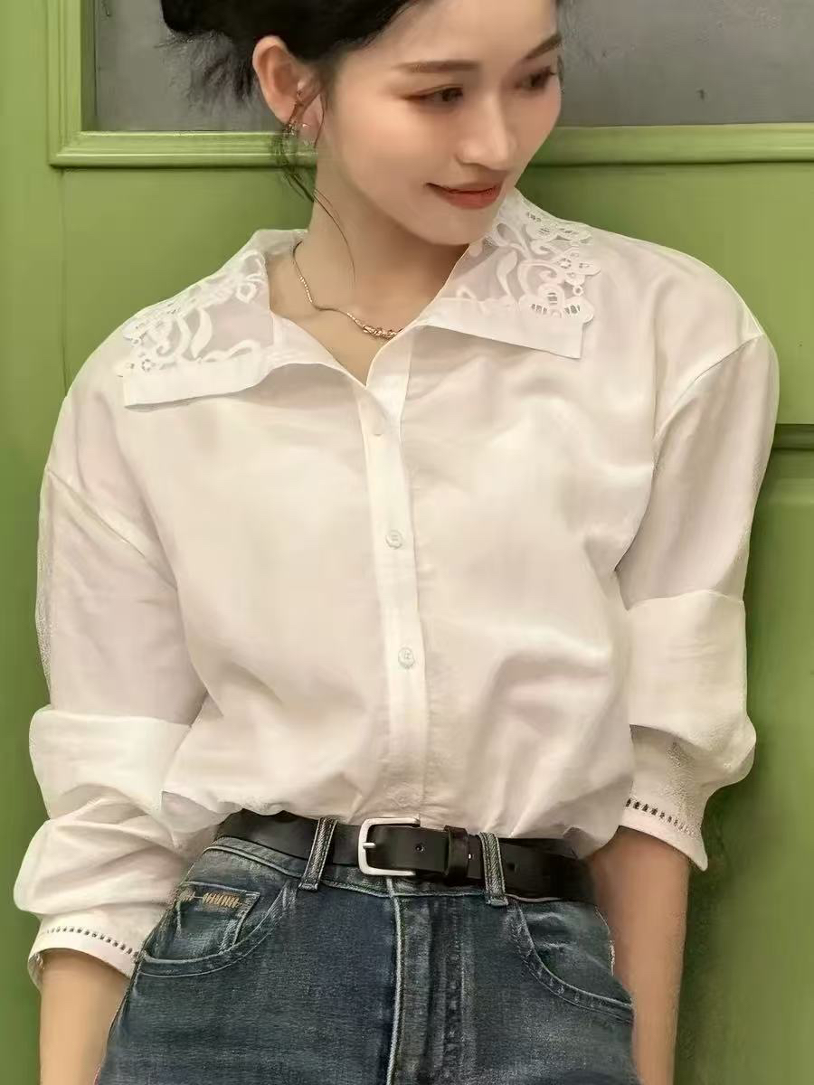 프랑스식 사소한 맨위 봄 드레스 2026 새로운 고급 센스 패션 외국 가스 고유 한 아름다운 레이스 폴로 칼라 흰 셔츠